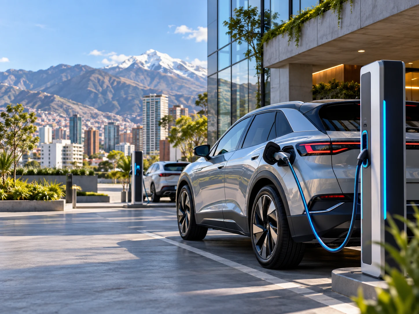Vehículo eléctrico conectado a un punto de carga moderno
